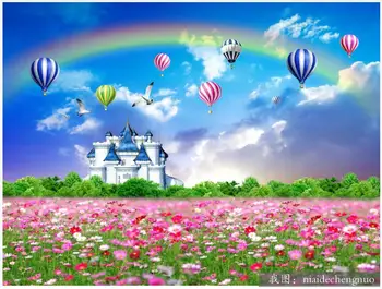 Custom freskos 3d sienos freskos ant sienų, Mėlynas dangus, balionas rainbow castle Gesang gėlių namų dekoro foto tapetai už kambarį