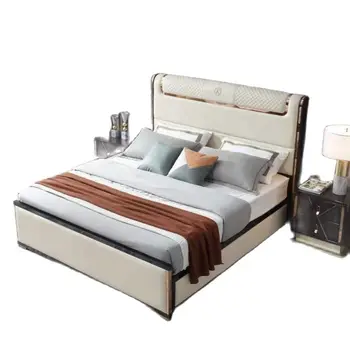 Modernios medžio masyvo lova 2 asmenims oda lova, sofa-lova prancūzijos miegamojo baldai, modernios hc06