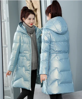 Moteriški Medvilniniai Ilgas Su Gobtuvu Mėlyna Korėja Stilius Laisvas Kišenėje Striukė 2022 Mados Žiemą Šiltas, Elegantiškas Moterų, Moterų Parko Paltai