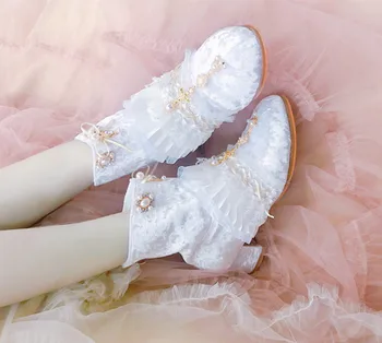 Palace retro trumpas batai, apvalios galvos nėrinių princesė batai kvadratinės šaknies lolita batai kawaii batai cosplay loli kasdien vieną batai